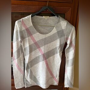 Burberry Gray Cream and Pink Plaid Scoop Neck Sweater